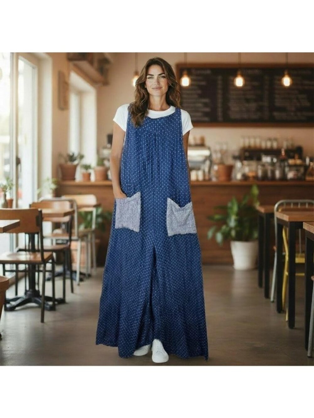 Natural Life Jumpsuit Womens Medium Blue Polka Dot Wide Leg Boho Festival Beach